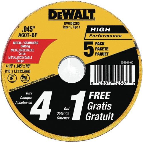 DEWALT Cutting Wheel, General Purpose Metal Cutting, 4-1/2-Inch, 5-Pack (DW8062B5) DEWALT Cutting Wheel, General Purpose Metal Cutting, 4-1/2-Inch, 5-Pack (DW8062B5)