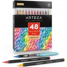 Arteza Real Brush Pens, 48 Colors for Watercolor Painting with Flexible Nylon Brush Tips, Paint Markers for Coloring, Calligraphy and Drawing with Water Brush for Artists and Beginner Painters