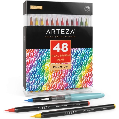 Arteza Real Brush Pens, 48 Colors for Watercolor Painting with Flexible Nylon Brush Tips, Paint Markers for Coloring, Calligraphy and Drawing with Water Brush for Artists and Beginner Painters Arteza Real Brush Pens, 48 Colors for Watercolor Painting with Flexible Nylon Brush Tips, Paint Markers for Coloring, Calligraphy and Drawing with Water Brush for Artists and Beginner Painters