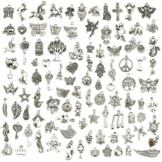 JIALEEY Wholesale Bulk Lots Jewelry Making Silver Charms Mixed Smooth Tibetan Silver Metal Charms Pendants DIY for Necklace Bracelet Jewelry Making and Crafting, 100 PCS