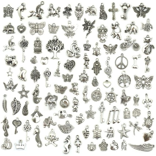 JIALEEY Wholesale Bulk Lots Jewelry Making Silver Charms Mixed Smooth Tibetan Silver Metal Charms Pendants DIY for Necklace Bracelet Jewelry Making and Crafting, 100 PCS JIALEEY Wholesale Bulk Lots Jewelry Making Silver Charms Mixed Smooth Tibetan Silver Metal Charms Pendants DIY for Necklace Bracelet Jewelry Making and Crafting, 100 PCS