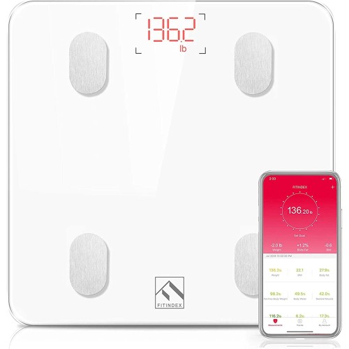 FITINDEX Bluetooth Body Fat Scale, Smart Wireless BMI Bathroom Weight Scale Body Composition Monitor Health Analyzer with Smartphone App for Body Weight, Fat, Water, BMI, BMR, Muscle Mass - White FITINDEX Bluetooth Body Fat Scale, Smart Wireless BMI Bathroom Weight Scale Body Composition Monitor Health Analyzer with Smartphone App for Body Weight, Fat, Water, BMI, BMR, Muscle Mass - White